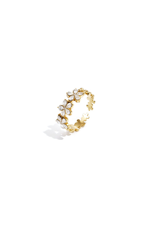 Anello regolabile con fiori e strass in acciaio inox – oro o argento