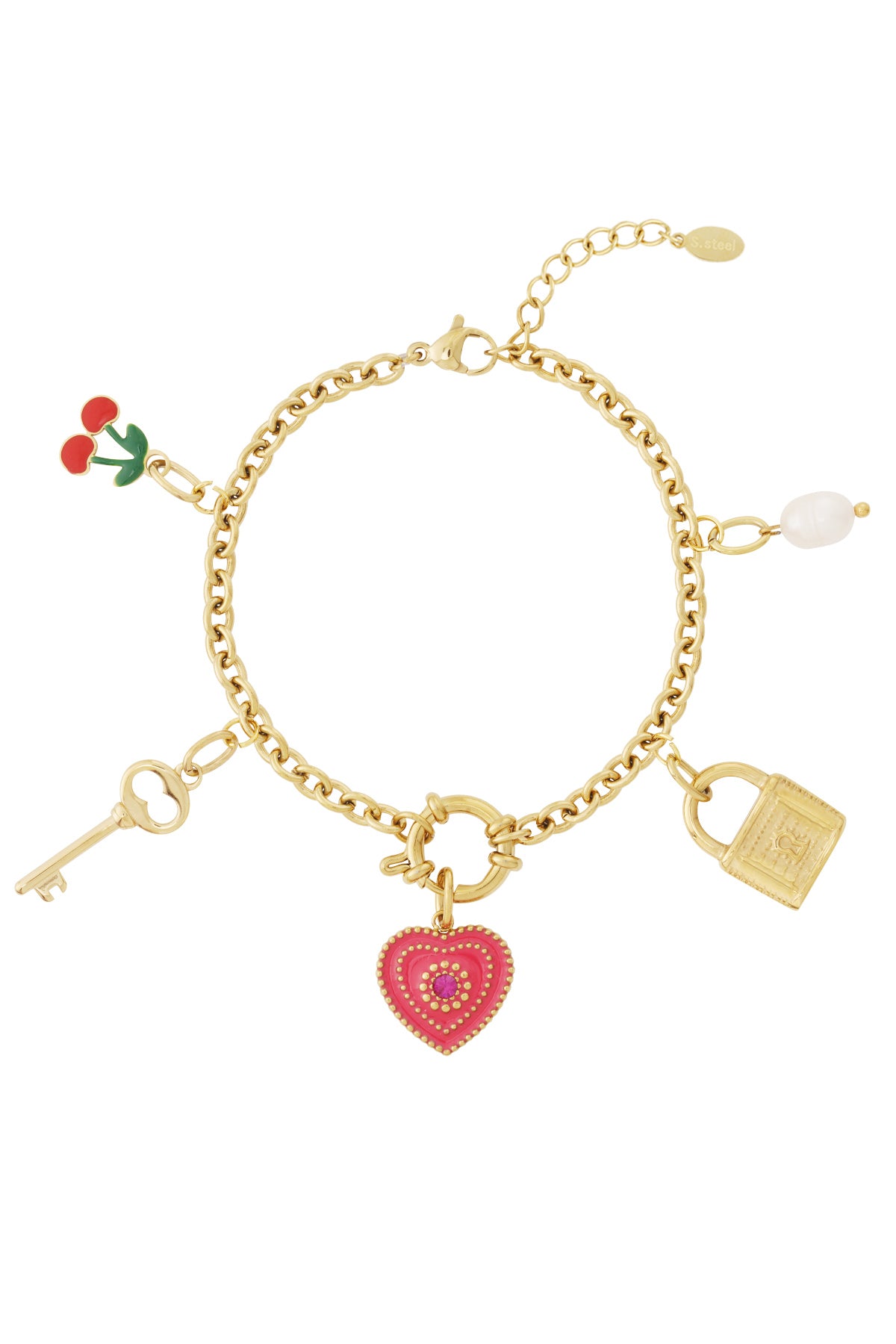 Braccialetto Placcato Oro 14K con Charm Cuore, Ciliegie, Chiave e Lucchetto
