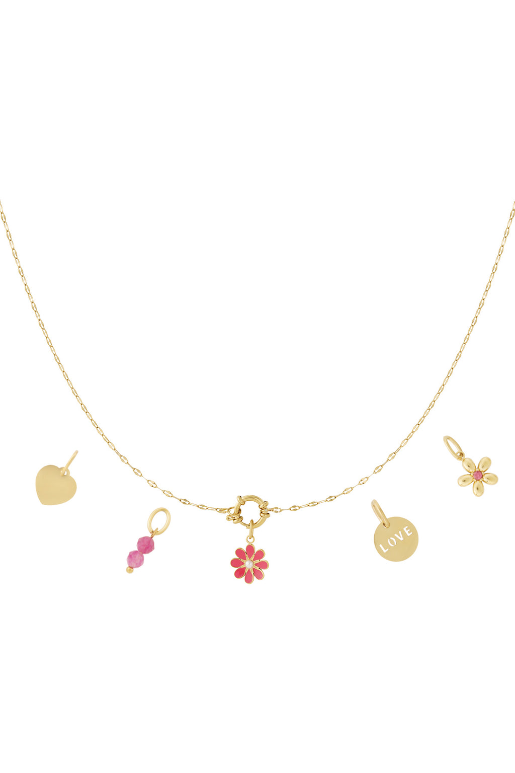 Collana Donna Placcata Oro 14K con Charm e Fiore Rosso – 37-45 cm