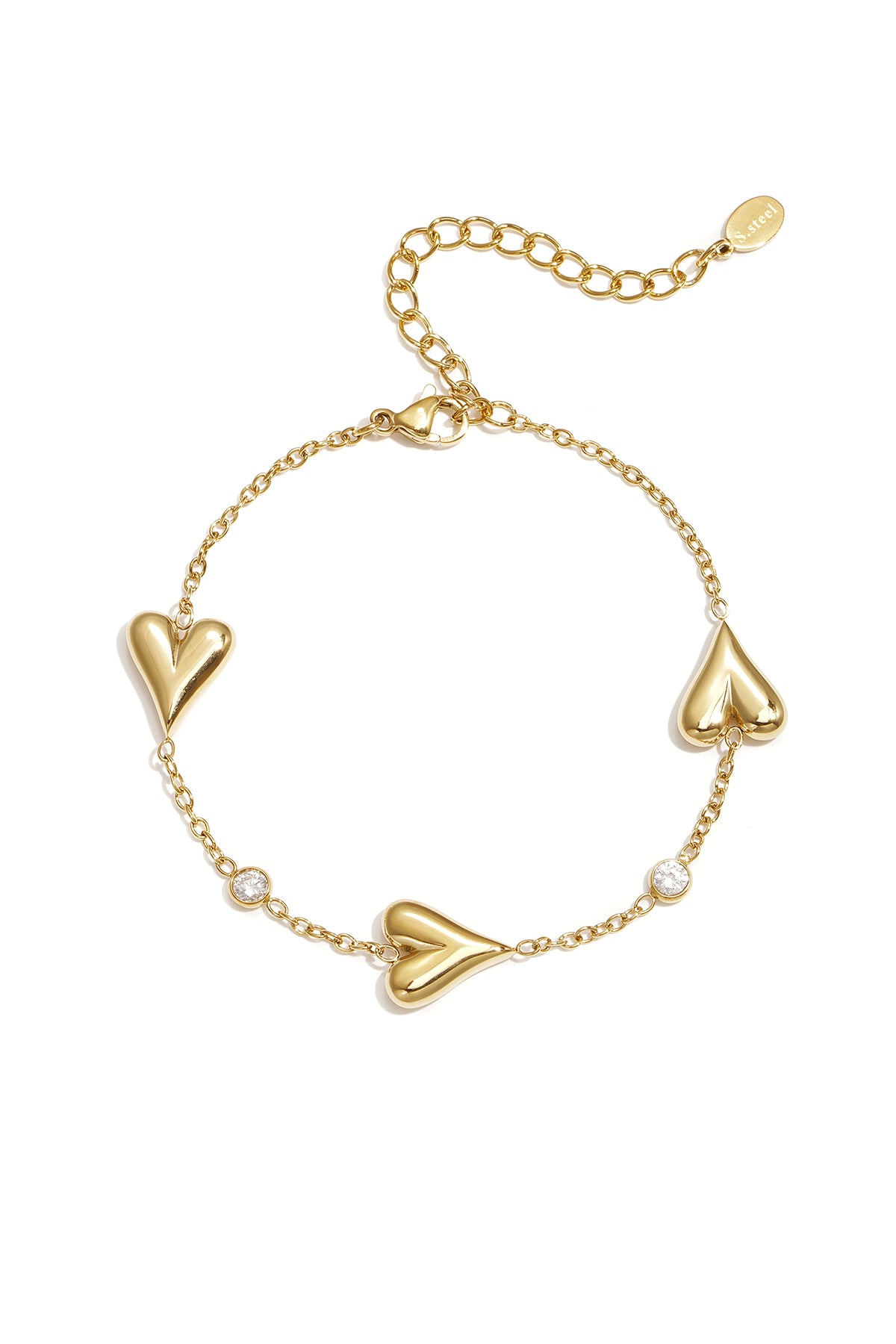 Bracciale con Tre Cuori e Zirconi in Acciaio Inossidabile – Oro e Argento