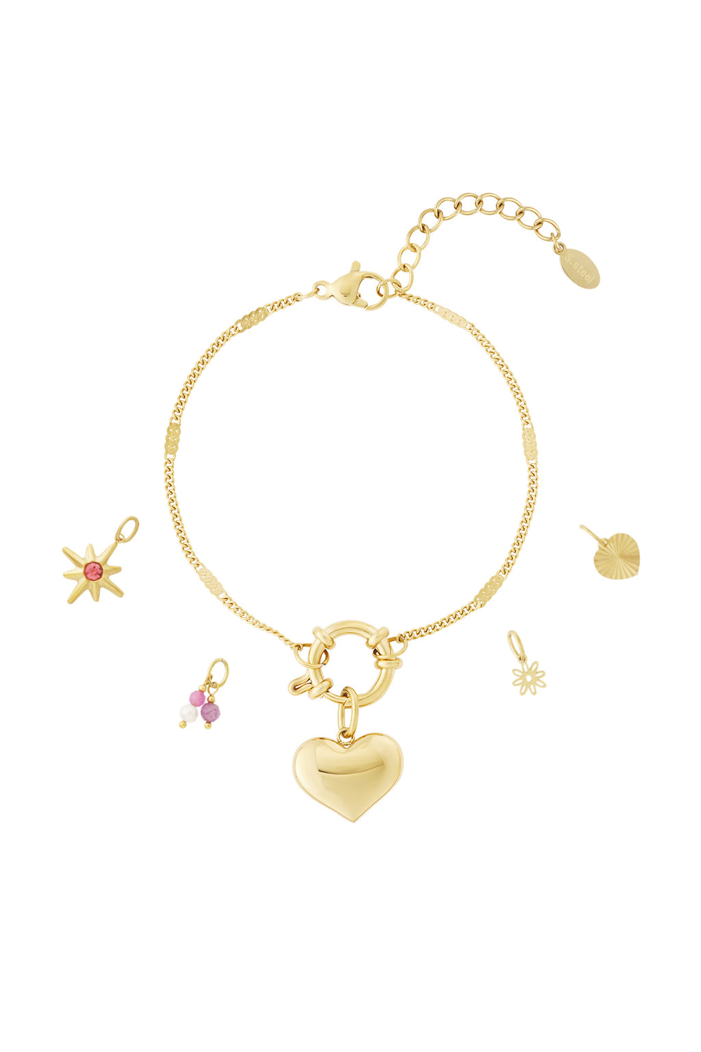 Braccialetto Placcato Oro 14K con Cuore e Charm Pendenti – Gioiello da Donna