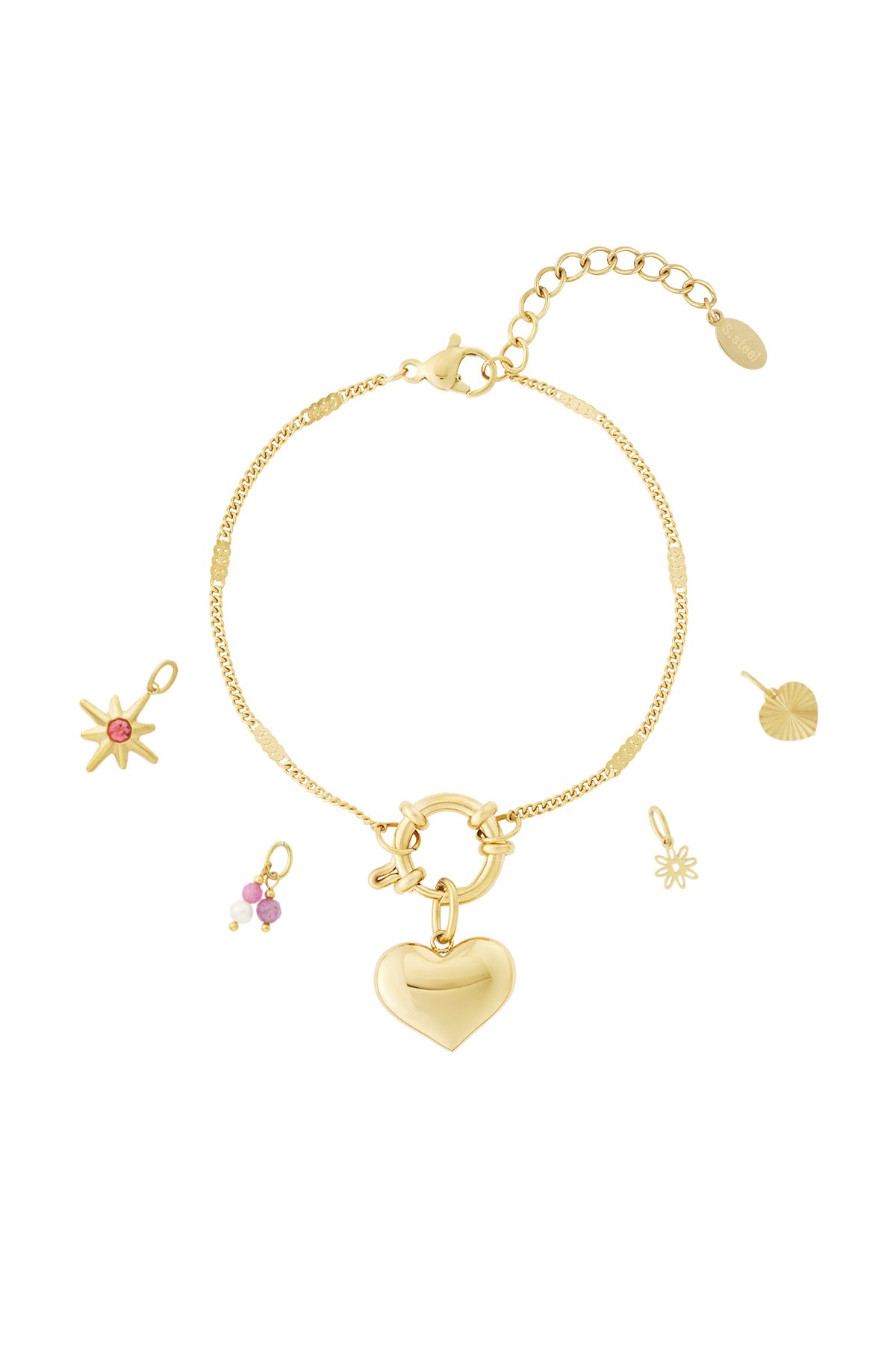 Braccialetto Placcato Oro 14K con Cuore e Charm Pendenti – Gioiello da Donna