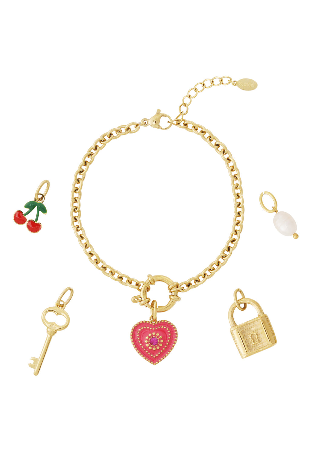 Braccialetto Placcato Oro 14K con Charm Cuore, Ciliegie, Chiave e Lucchetto