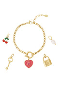 Braccialetto Placcato Oro 14K con Charm Cuore, Ciliegie, Chiave e Lucchetto