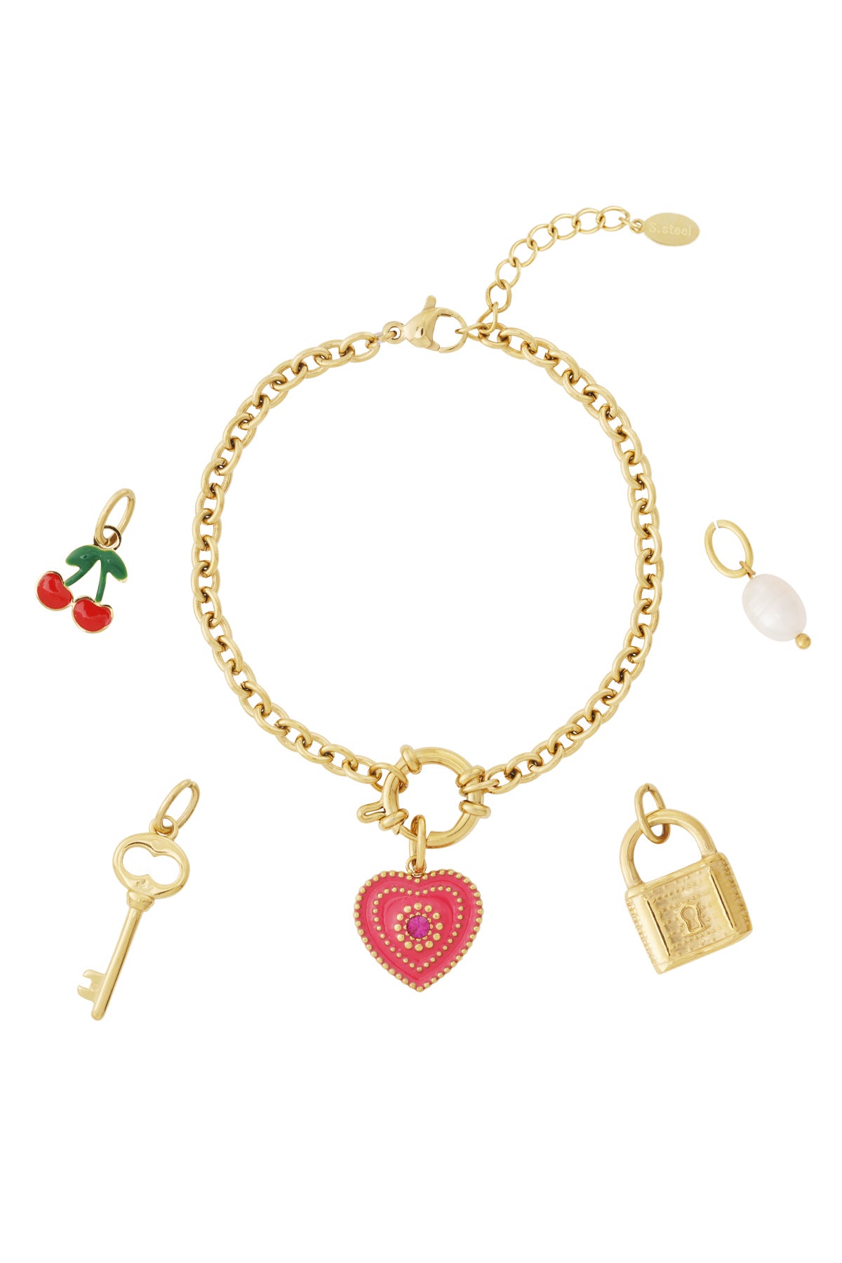Braccialetto Placcato Oro 14K con Charm Cuore, Ciliegie, Chiave e Lucchetto