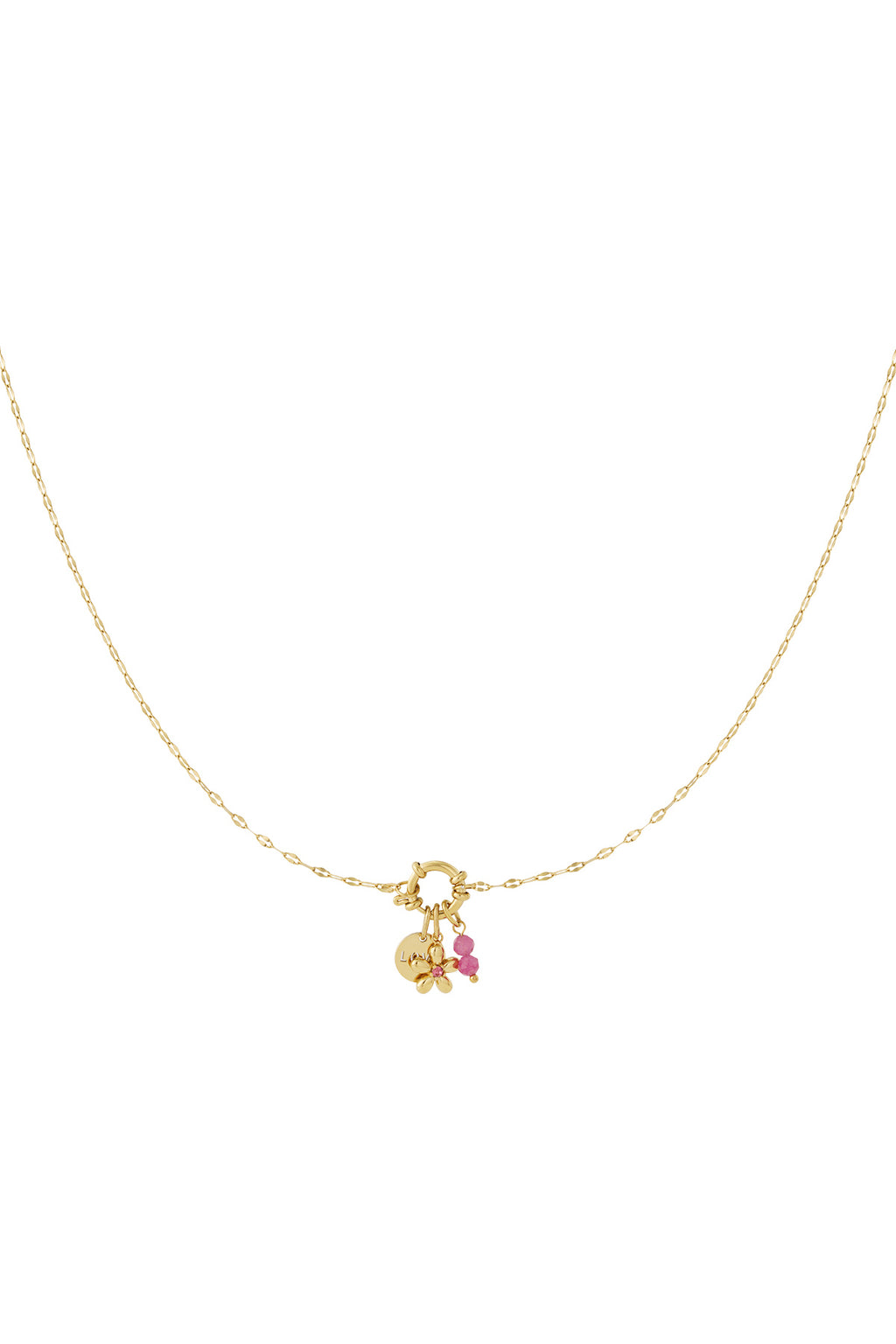 Collana Donna Placcata Oro 14K con Charm e Fiore Rosso – 37-45 cm