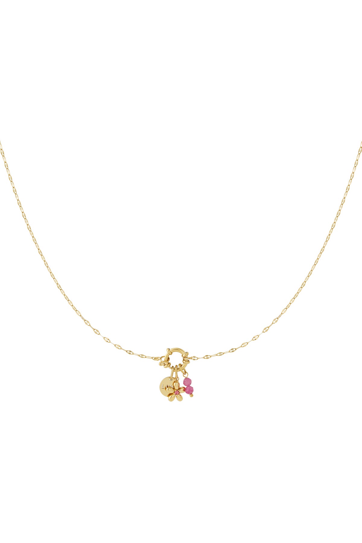 Collana Donna Placcata Oro 14K con Charm e Fiore Rosso – 37-45 cm