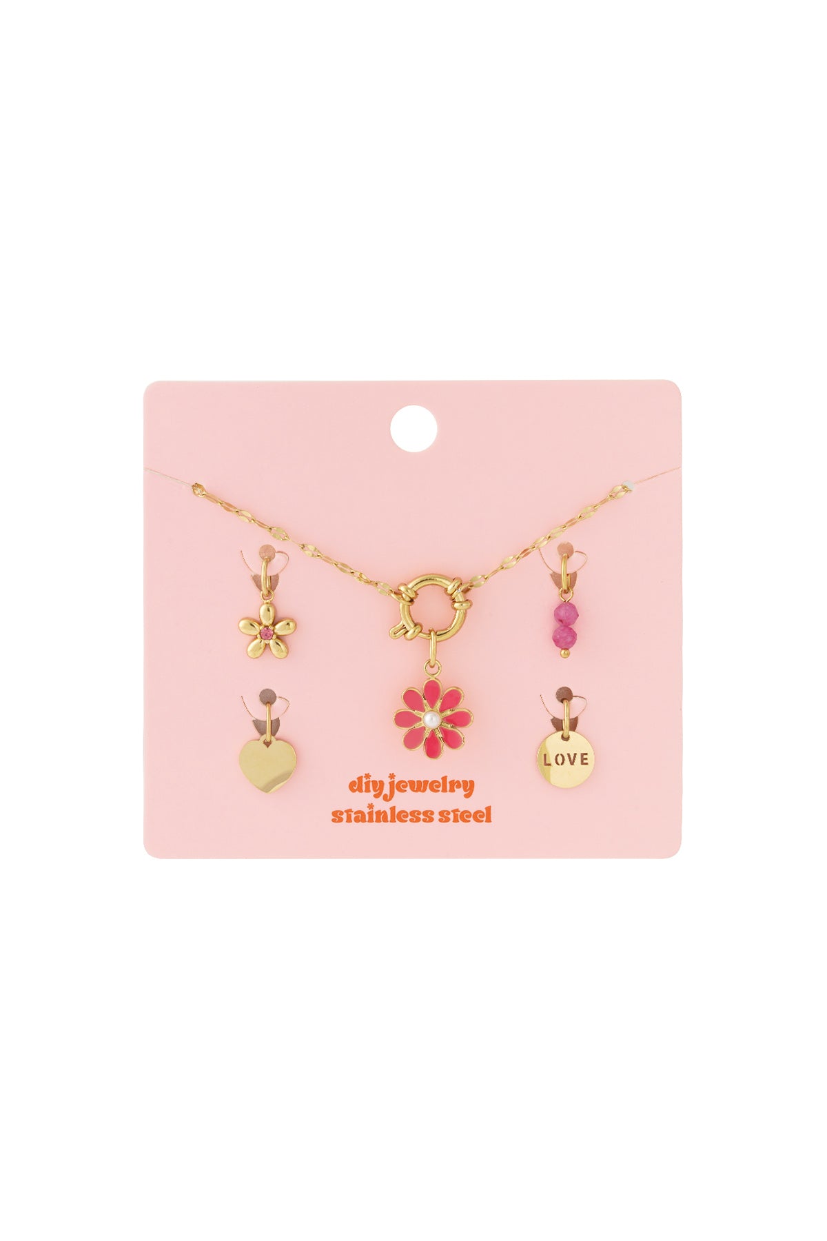Collana Donna Placcata Oro 14K con Charm e Fiore Rosso – 37-45 cm
