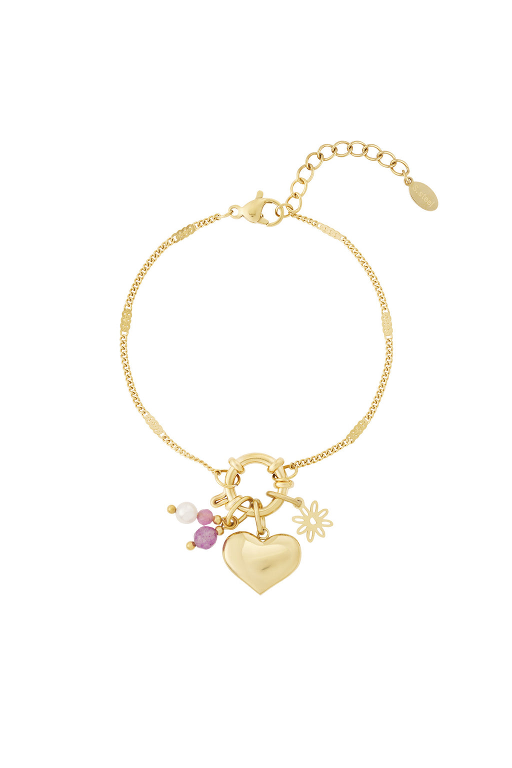 Braccialetto Placcato Oro 14K con Cuore e Charm Pendenti – Gioiello da Donna