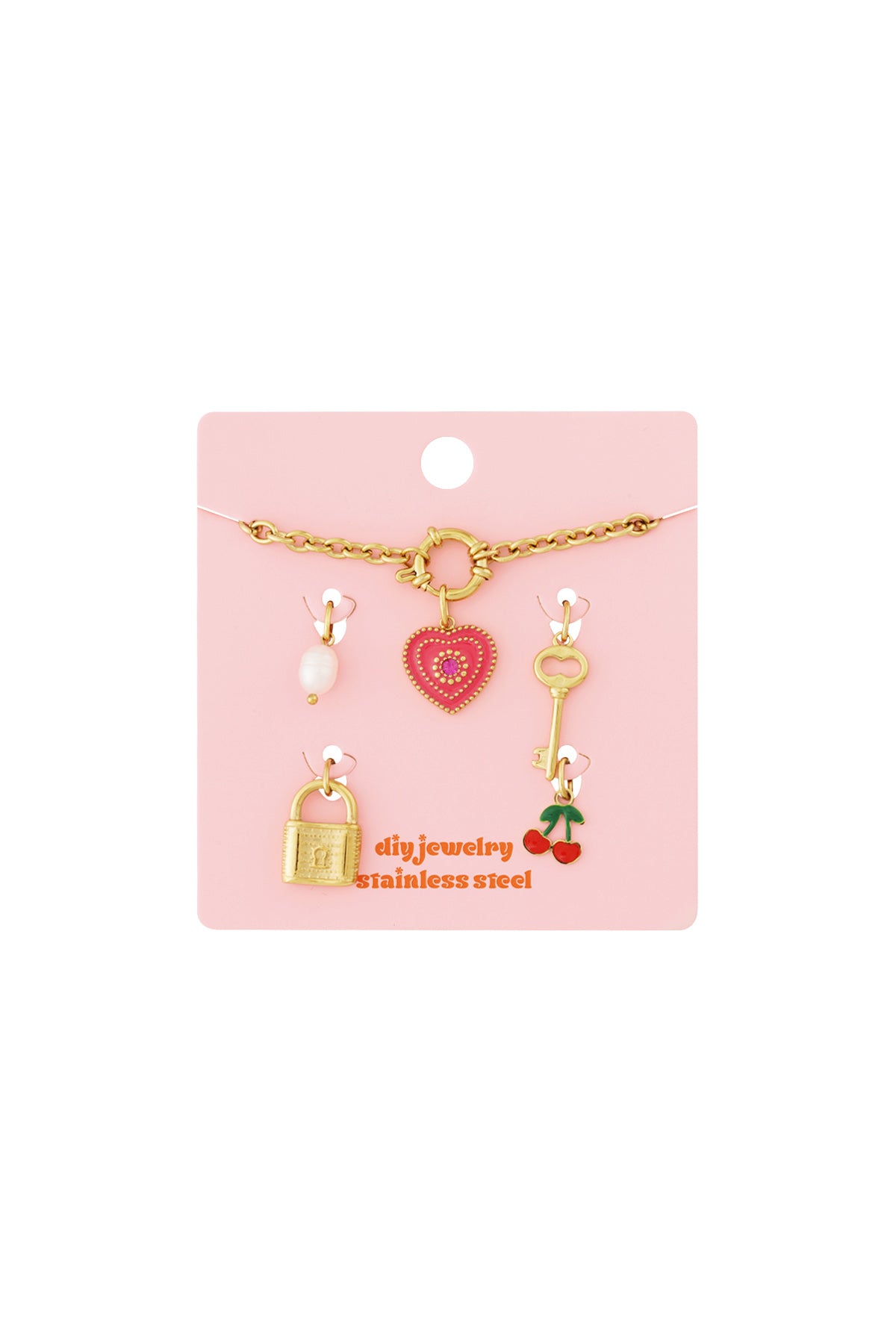 Braccialetto Placcato Oro 14K con Charm Cuore, Ciliegie, Chiave e Lucchetto