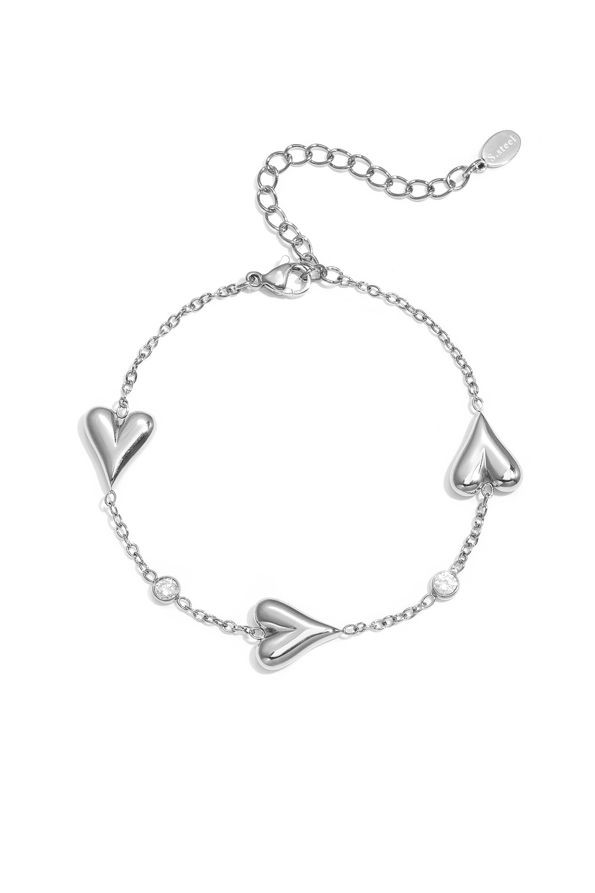 Bracciale con Tre Cuori e Zirconi in Acciaio Inossidabile – Oro e Argento